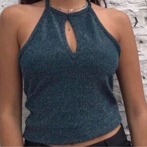 Y2K Glittery Halter Crop Top Green Sparkle Keyhole Club Party Tank XS/S